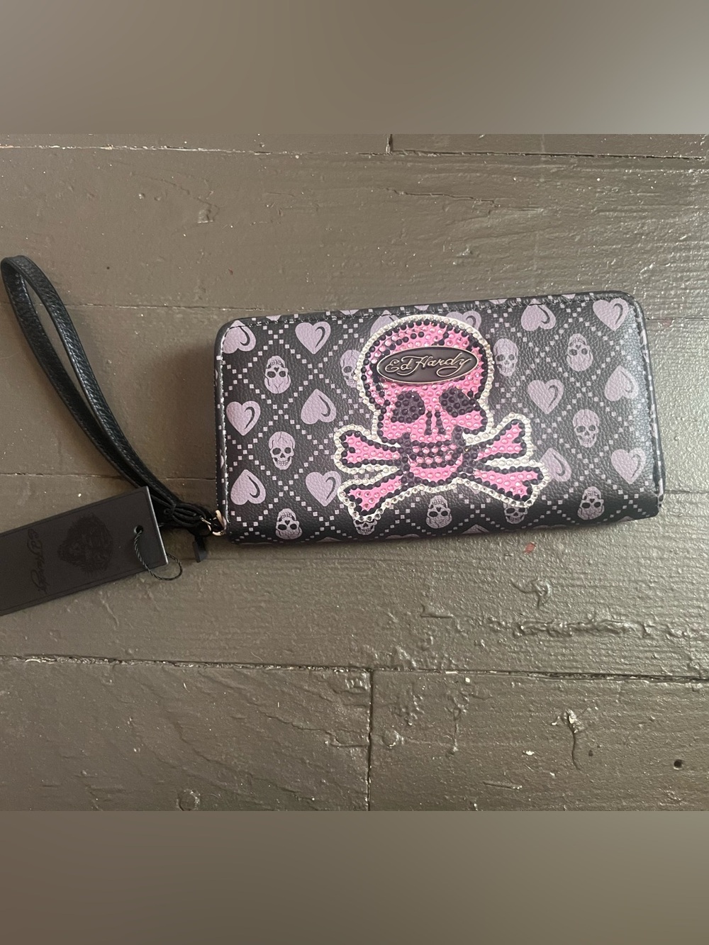 Ed Hardy Black Wallet with Pink Skull & Crossbones Motif